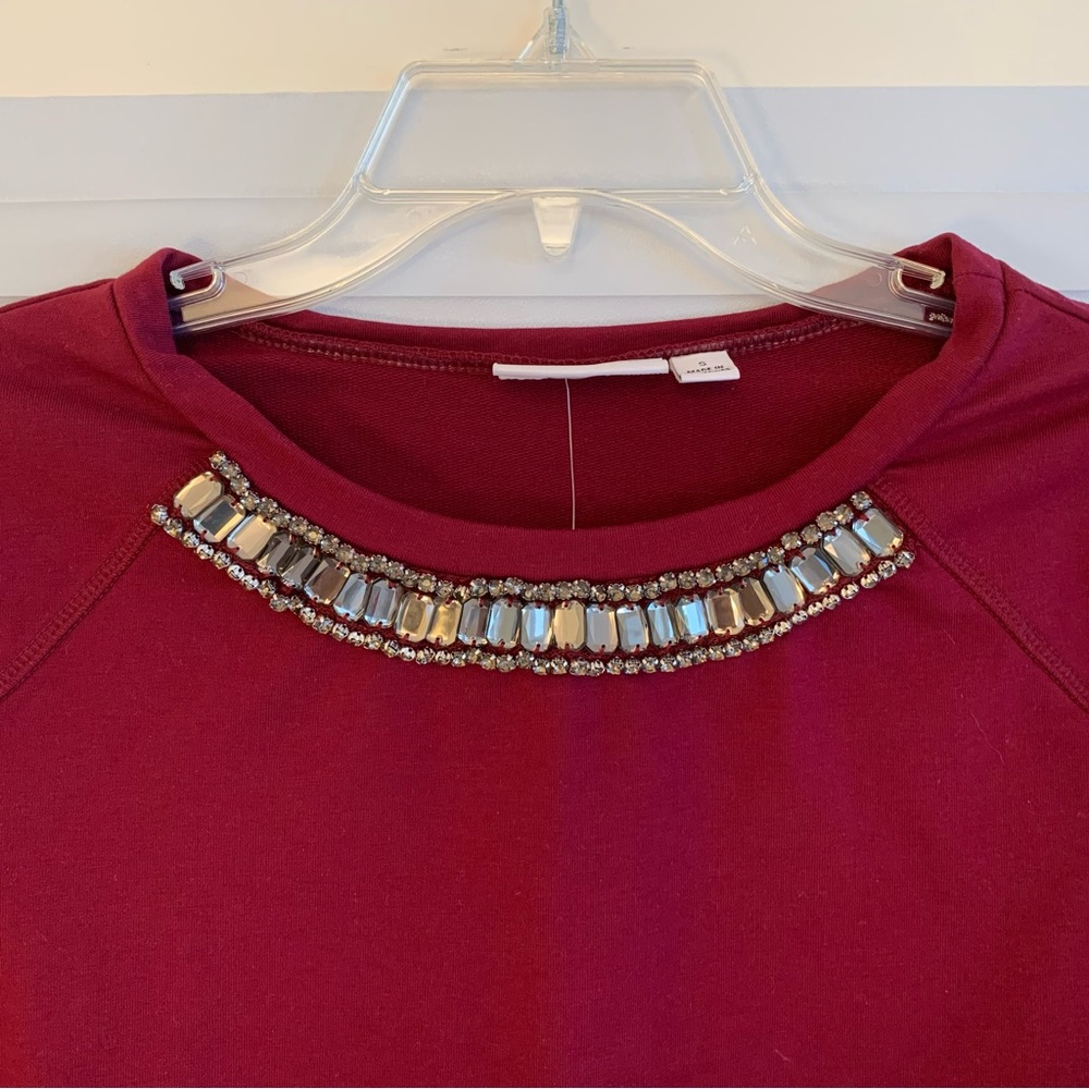 Susan Graver baquette embellished crewneck, burgundy/red Size S-M